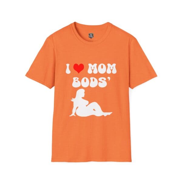 Orange T-shirt featuring white text and a silhouette of a reclining figure, with the message "I ❤️ MOM BODS".