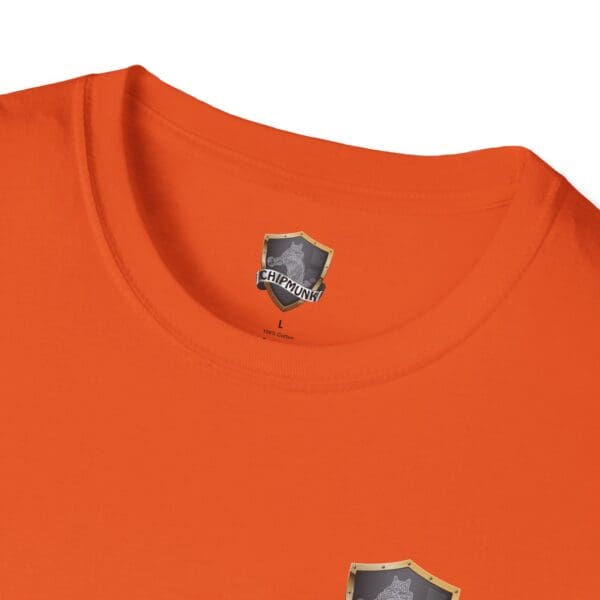 Close-up of the neckline of an orange F*ck Cancer Ribbon T-Shirt featuring a "Chipmunk" label and shield logo inside.