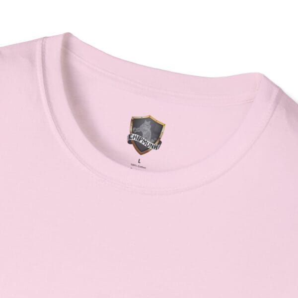 A pink Guiding Star Tee Shirt featuring a Chipmunk logo and an "L" size label on the inside neckline.