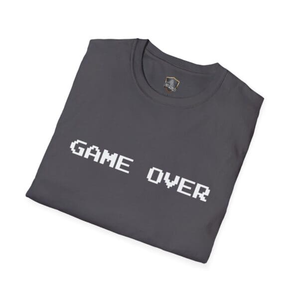 Folded Game Over T-Shirt in gray with "GAME OVER" featured in a white pixelated font on the front.