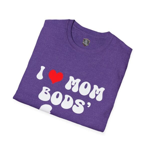 Folded purple T-shirt featuring the text "I ❤️ Mom Bods" in white with a red heart.