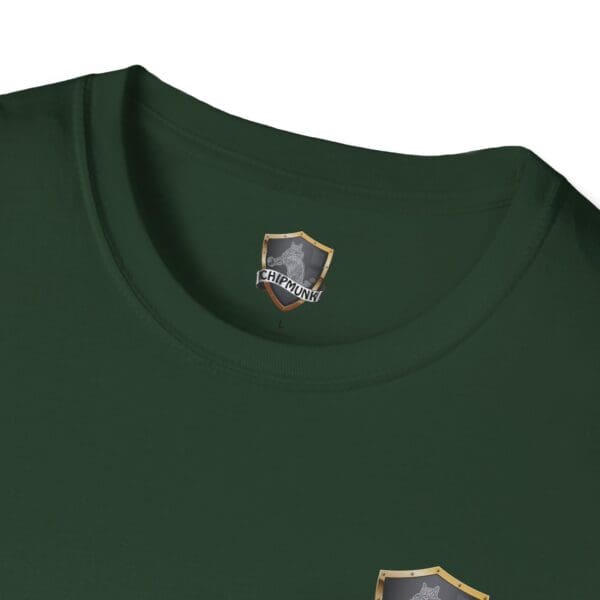 A green Chipmunk Trucker Shirt adorned with a shield emblem and the text "Chipmunk" at both the neckline and chest area.