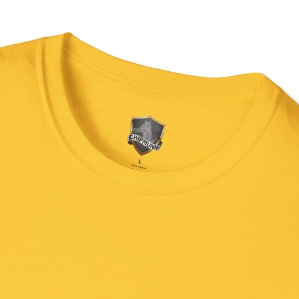 Close-up of a yellow crew neck t-shirt with a small logo and "Game Over" label at the neckline.