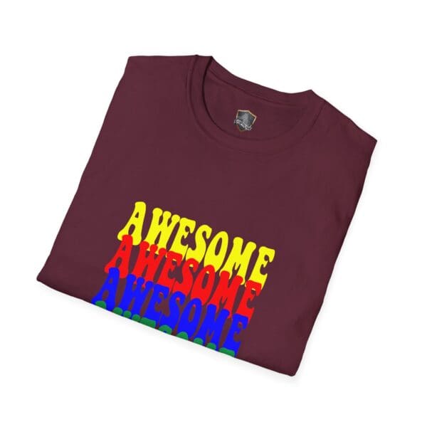 Folded Awesome Shirt in maroon featuring the word "AWESOME" printed in a stack of yellow, red, blue, and green text.