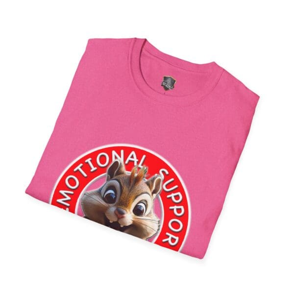 Emotional Support Chipmunk T-Shirt in pink, folded neatly and adorned with a cartoon chipmunk along with the text "Emotional Support" within a circular design.