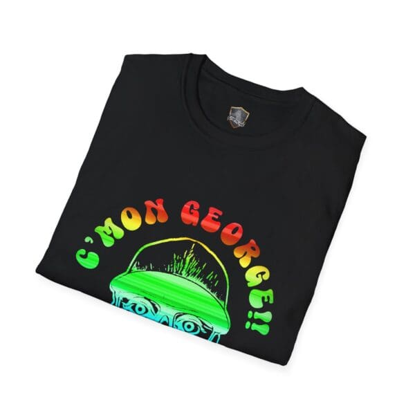 Black "C'mon George!! Retro Rainbow Roadie T-Shirt" with colorful lettering and a green hat-wearing face illustration.