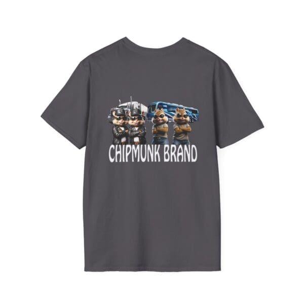 Gray "Chipmunk Family T-Shirt" featuring the "Chipmunk Brand" text and an image of animated chipmunks standing confidently in front of a truck.