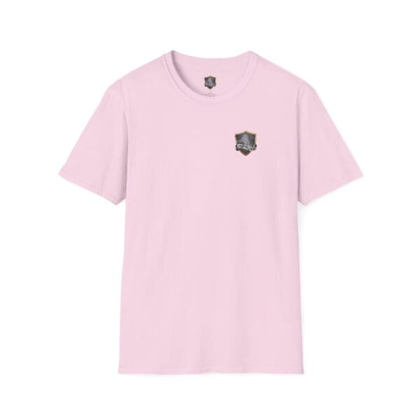 A light pink F*ck Cancer Ribbon T-Shirt featuring a small black and gold shield emblem on the left chest.