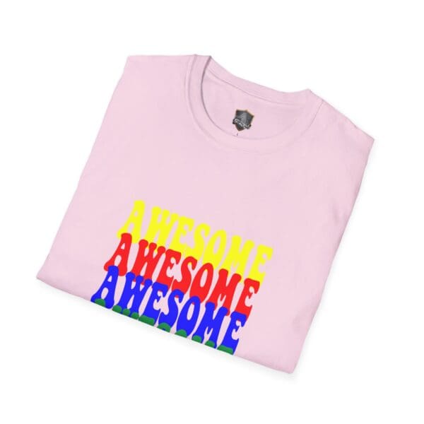 Pink t-shirt featuring the "Awesome Shirt" design with multicolored "AWESOME" text stacked three times in yellow, red, and blue-green.