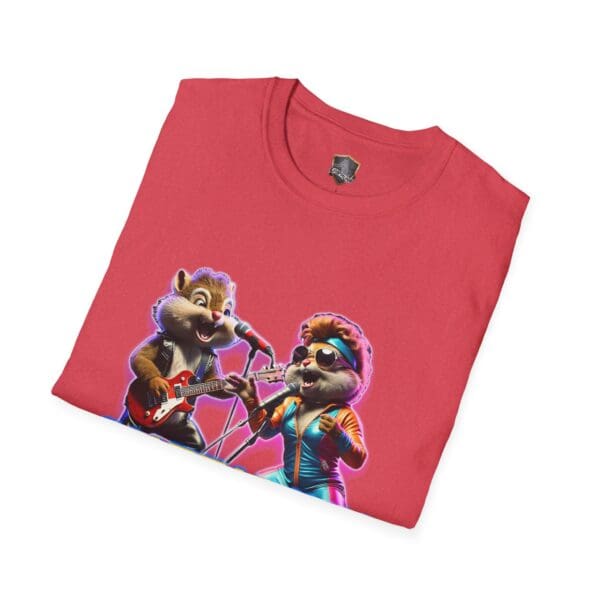 Red Chipmunk Retro T-shirt featuring animated chipmunks, one playing a guitar and the other singing into a microphone.