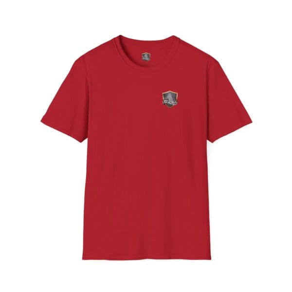 F Cancer Childhood Cancer Awareness T-shirt in red, featuring a small gray shield logo on the left chest.