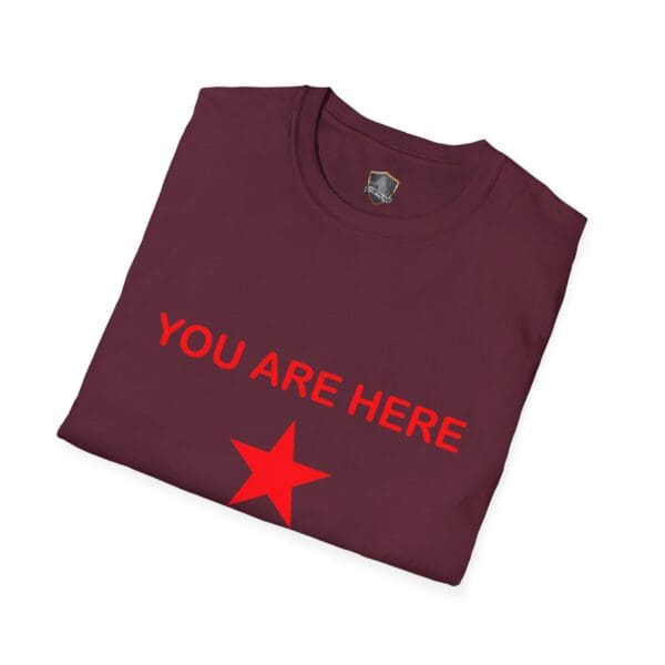 Guiding Star Tee Shirt in maroon, featuring the text "YOU ARE HERE" with a red star below it.