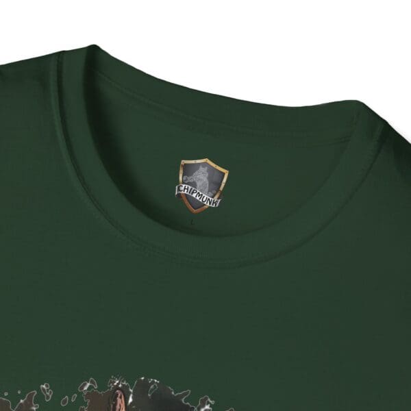 Close-up of a dark green OG Chipmunk T-Shirt featuring a crest and "Chipmunk" logo inside the collar.