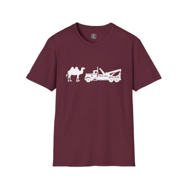 Maroon T-shirt featuring the Camel Tow design, which includes a white silhouette of a camel and a tow truck side by side.