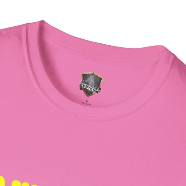 Close-up of a pink Awesome Shirt with the label "Chipmunk" on the inside collar.