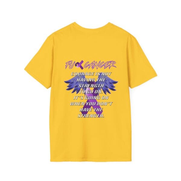 Yellow F*ck Cancer Ribbon T-Shirt featuring a motivational quote about courage, with purple wing graphics on the back.