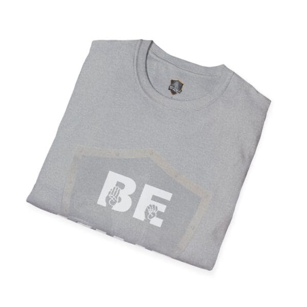 Gray folded t-shirt featuring the text "BE" with sign language illustrations within the letters, titled "Be Kind in Sign Language T-Shirt.