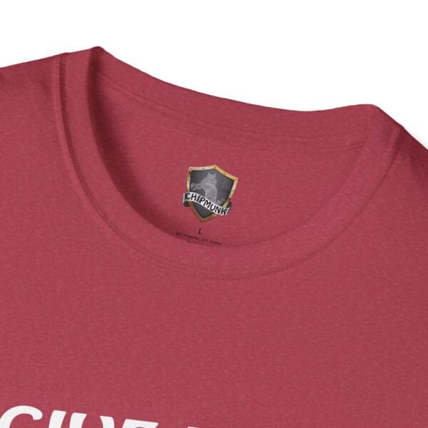 Close-up of a red Give Me The Tips T-Shirt neckline highlighting a "Chipmunk" brand label alongside a shield logo.