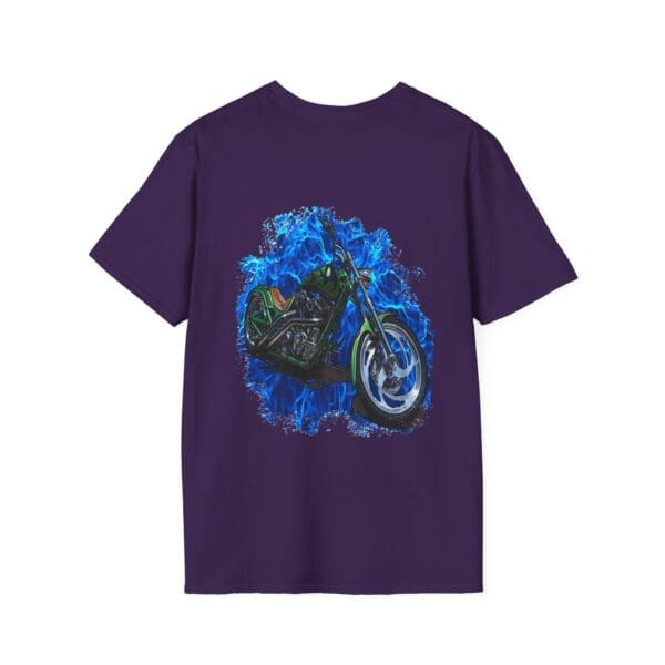 Chipmunk Motorcycle T-Shirt featuring a motorcycle graphic surrounded by blue flames on the back.