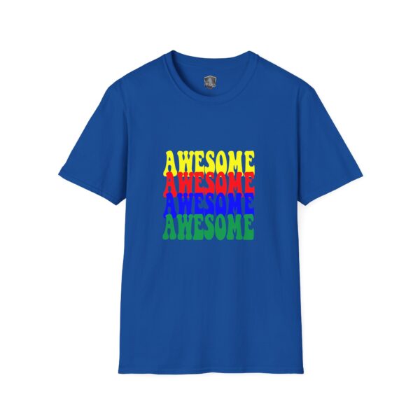 Awesome Shirt in blue featuring the word 'AWESOME' repeated four times in yellow, red, blue, and green.