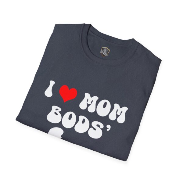 A black "I ❤️ Mom Bods" T-shirt, featuring white text and a red heart design.