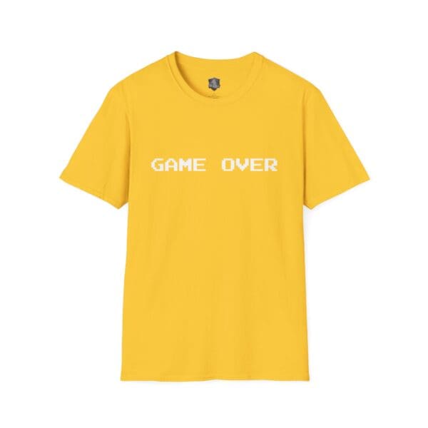 Game Over T-Shirt in yellow featuring a white, pixelated "GAME OVER" text on the front.