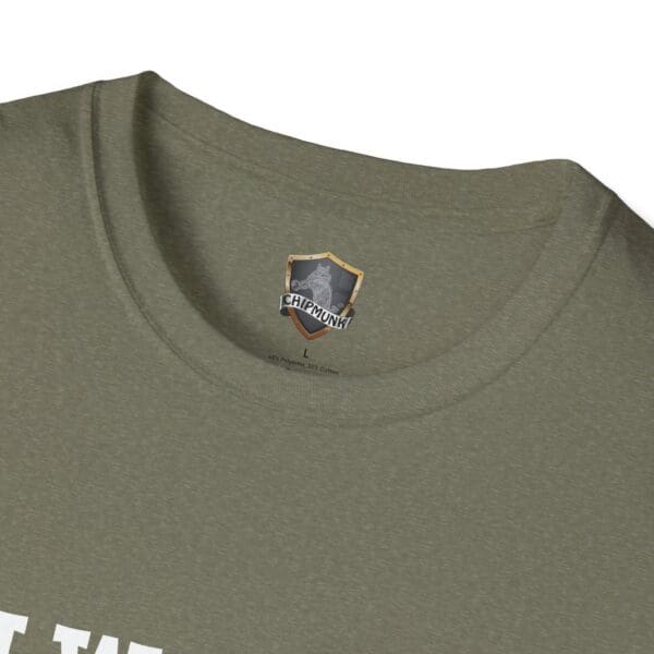 Close-up of a green collar on the "I Would Cuddle You So Hard" T-Shirt with a Chipmunk brand label.