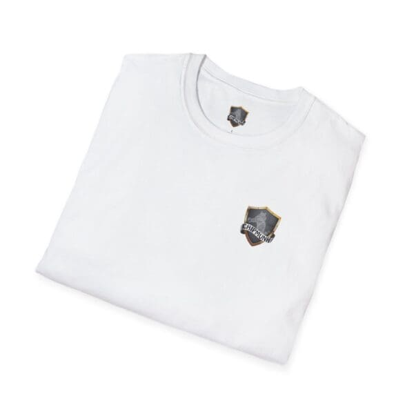 Folded Chipmunk Firefighter T-Shirt in white, featuring a small shield emblem on the front, set against a white background.