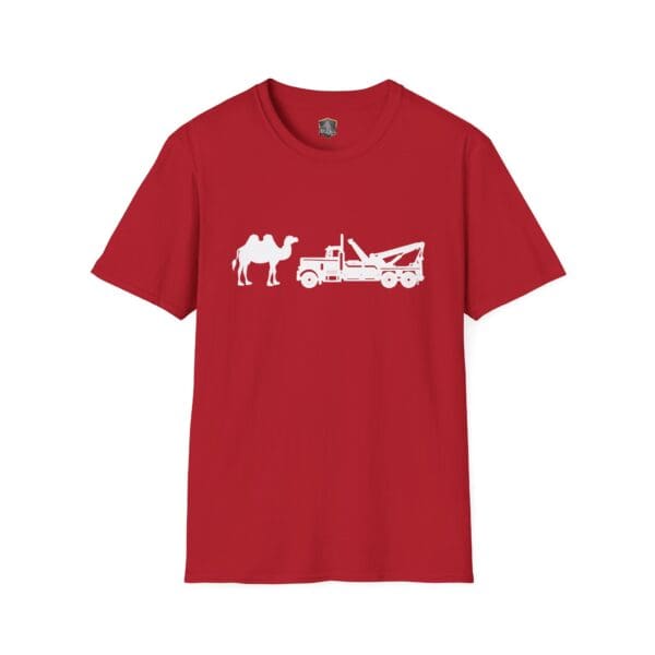 Camel Tow T-shirt, featuring a white silhouette of a camel and a tow truck across the chest on a red background.