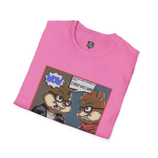 The Overt Narcissism - Forgetting Myself Graphic Tee is a pink t-shirt featuring cartoon chipmunks in a comic panel, complete with speech bubbles that say "WOW" and "I forgot who I was.