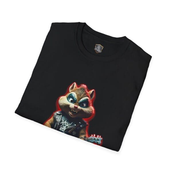 Chipmunk Metal T-Shirt in black, showcasing a cartoon chipmunk in a leather jacket playing an electric guitar.