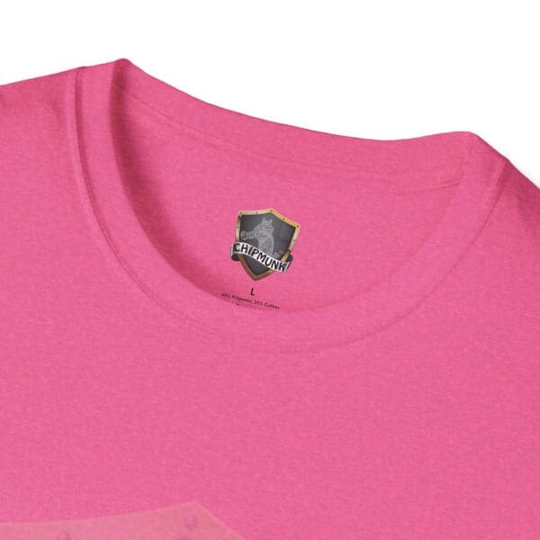 Close-up of a pink "Be Kind in Sign Language" T-shirt with a Chipmunk brand logo on the neckline.