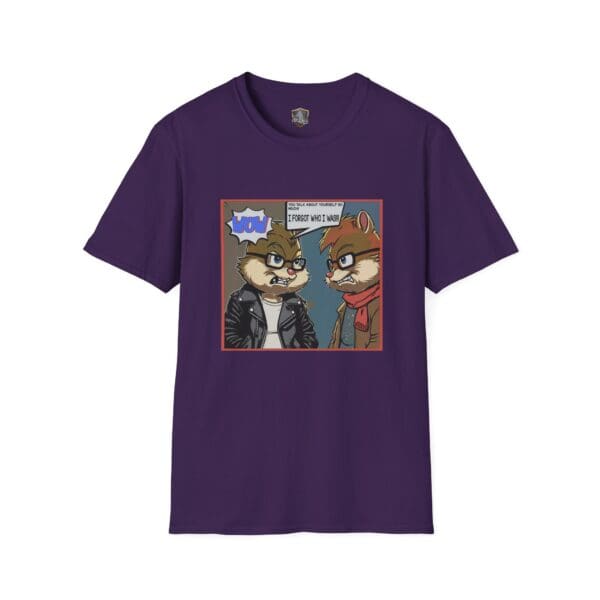 A purple t-shirt with a cartoon image of two animals in jackets, highlighted by a speech bubble saying, "You bullies always forget who I was," and featuring a "WOW" graphic above, known as the Overt Narcissism - Forgetting Myself Graphic Tee.