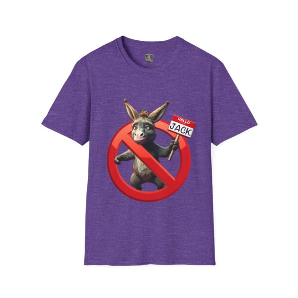 Purple T-shirt featuring an illustration of a donkey with a "Hello, Jack" tag and a red crossed-out circle over it, titled "Don't Be A Jack Ass.