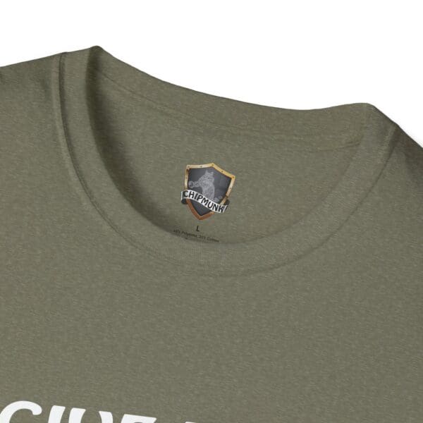 Close-up of a green "Give Me The Tips" t-shirt neckline with a "Chipmunk" brand label, size L.