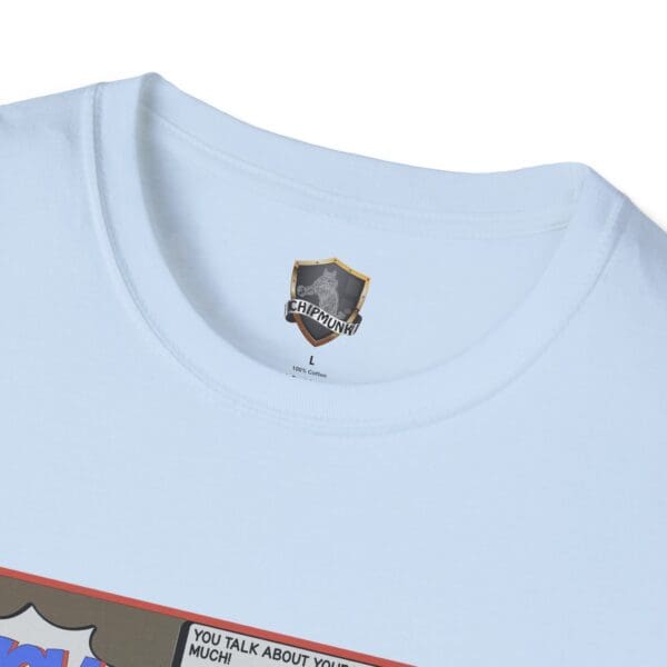 Close-up of a light blue T-shirt featuring a cartoon print with text below. The neck label shows "Chipmunk" and size "L", from the Overt Narcissism - Forgetting Myself Graphic Tee collection.