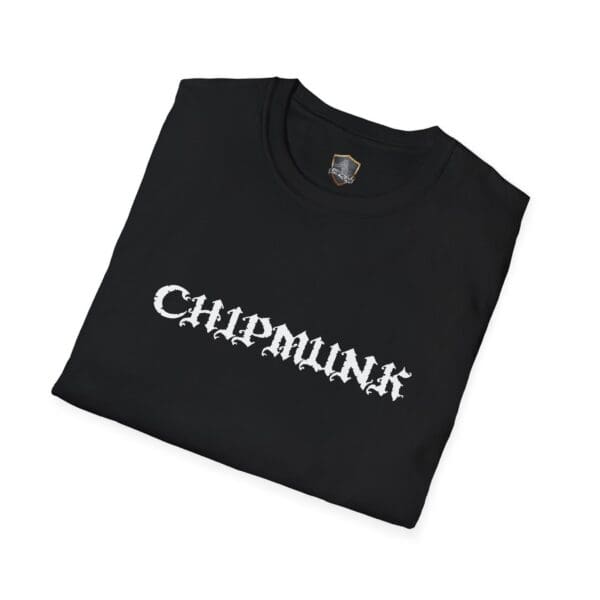 Folded black Chipmunk Rock T-Shirt #5 with "CHIPMUNK" printed in white gothic font on the front.