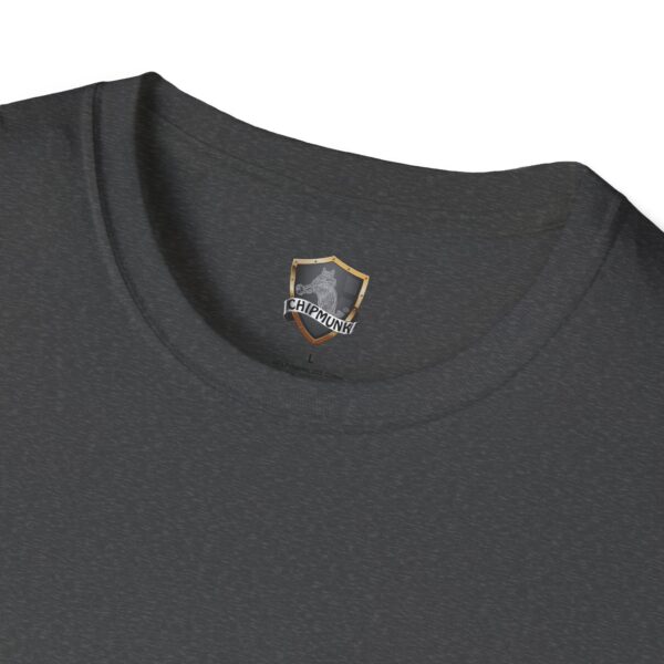 Dark gray "Just Do Your Job!" t-shirt featuring a Chipmunk brand logo on the inner neck label.