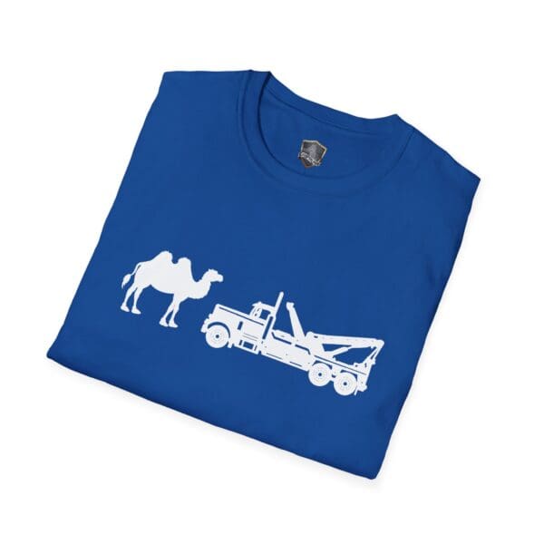 Camel Tow blue T-shirt featuring a white graphic of a camel facing a tow truck.