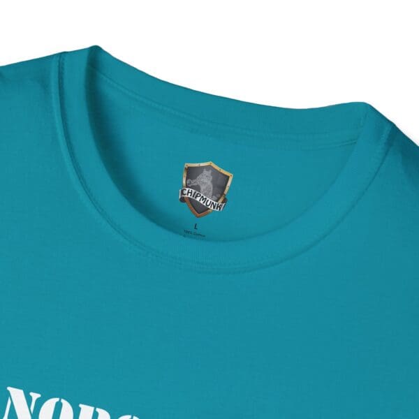 Close-up of a turquoise "Nobody Is Perfect" Statement T-Shirt with a "CHIPMUNK" label inside the collar. White text on the shirt is partially visible.