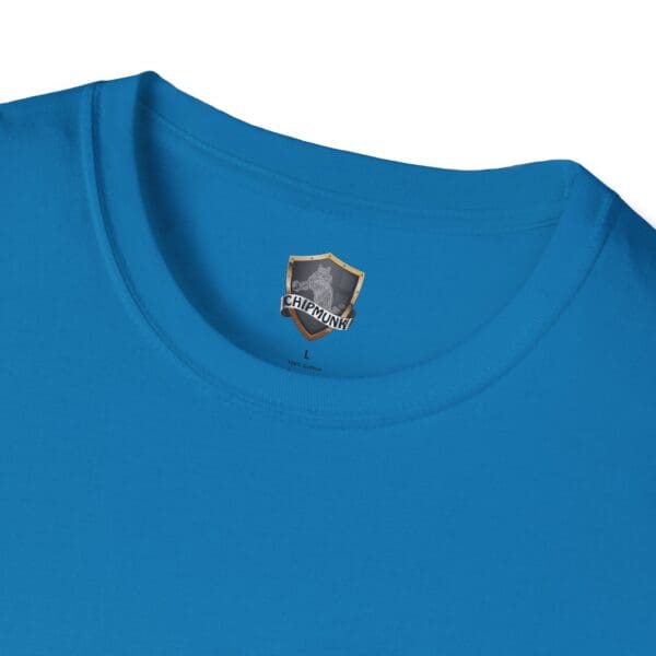 Close-up of the neck of a Chipmunk Motorcycle T-Shirt in blue, displaying the Chipmunk brand label.