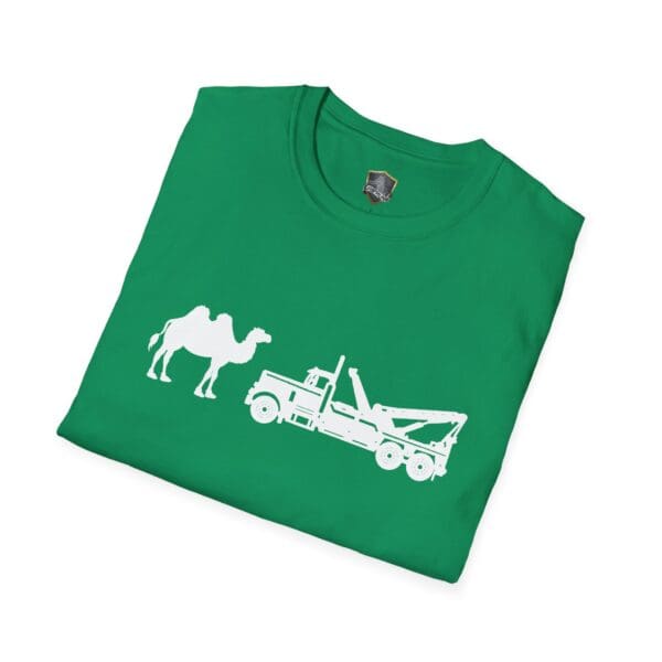 Camel Tow t-shirt in green featuring white graphics of a camel and a tow truck.