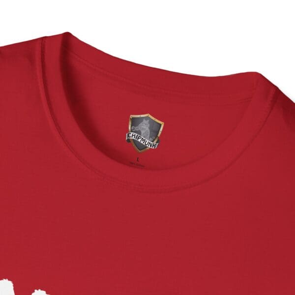 Close-up of a red Camel Tow T-shirt with a Chipmunk brand label inside the collar.