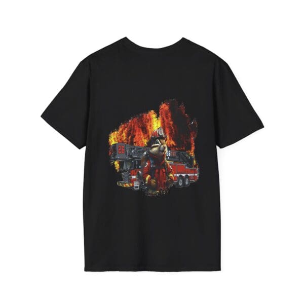 Introducing the "Chipmunk Firefighter T-Shirt": a black tee showcasing a graphic design of a firefighter standing in front of a blazing fire truck with large flames roaring in the background.