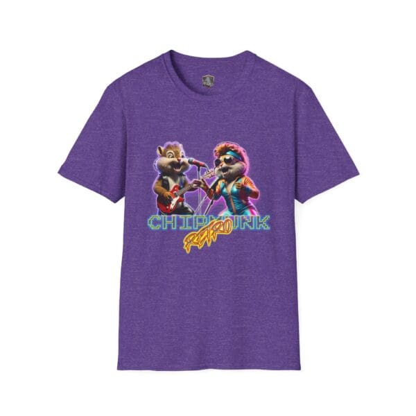 Chipmunk Retro t-shirt: A purple design showcasing two animated chipmunks playing guitars, with "Chip 'n' Punk" in vibrant, colorful letters.