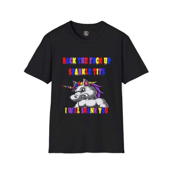 Introducing the Colorful Angry Unicorn Tee, a black T-shirt showcasing an illustration of a unicorn with vibrant text above and below it.