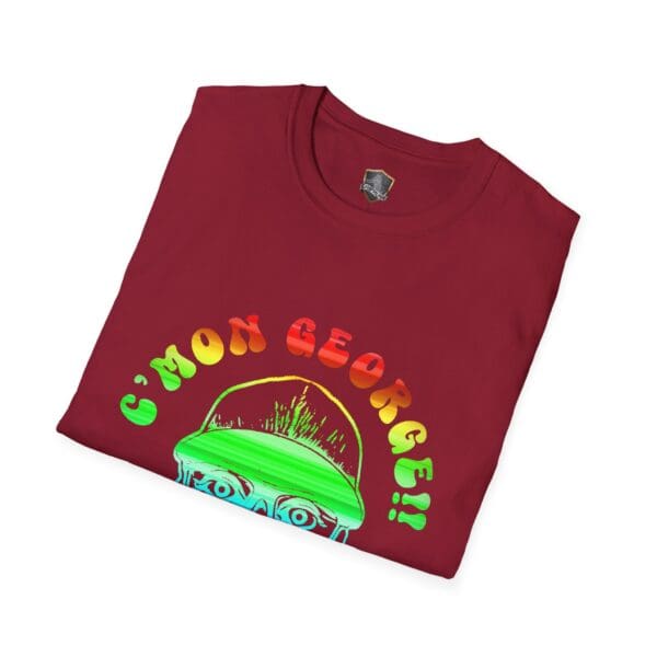 Red "C'mon George!! Retro Rainbow Roadie T-Shirt" featuring a stylized face graphic in green and red.