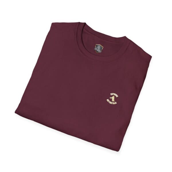 A folded Chipmunk Bobber T-shirt in maroon, featuring a small embroidered logo on the left chest.