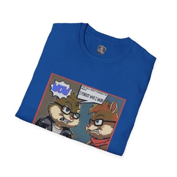 Overt Narcissism - Forgetting Myself Graphic Tee in blue, featuring a cartoon design of two animals in conversation with the text "Wow" and "You talk about yourself a lot. I forgot who I was.