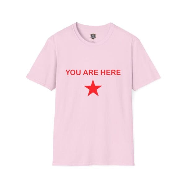 Guiding Star Tee Shirt in pink, featuring "YOU ARE HERE" printed in red above a red star.